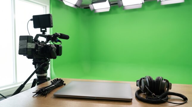 Video production studio setup with green screen camera laptop and headphones