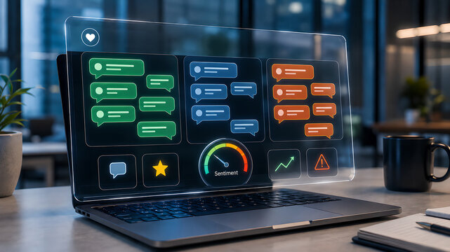Futuristic laptop displaying a sentiment analysis dashboard with data visualization and customer feedback chat bubbles