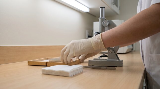 Hands in latex gloves carefully sorting glass microscope slides into a wooden box