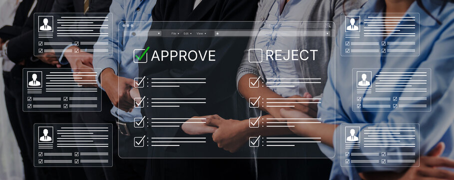 Approval and Rejection Process Visualization with Business Professionals Reviewing Candidate Profiles in a Modern Office Environment. Bitwise.