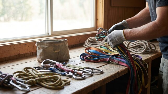 Hands organizing colorful climbing carabiners and ropes on a rustic wooden workbench