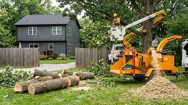 Arborist using bucket truck to trim tree in residential backyard with arborist trimming backyard residential woodchipper maintenance professional landscaping services chainsaw climbing