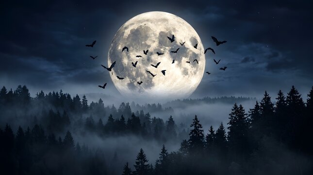 Spooky Full Moon Night: A flock of silhouetted birds flies across a large, luminous full moon in a dark, misty sky, above a dense forest.