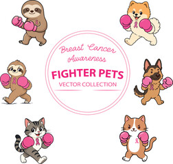 Fototapeta premium Cute Breast Cancer Awareness Fighter Pets with Pink Boxing Gloves Vector Collection