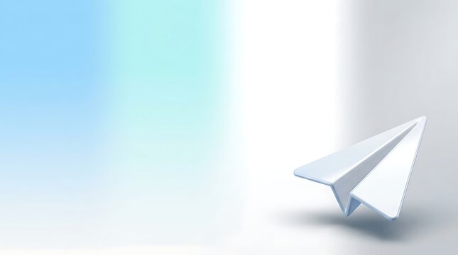 A minimalist white paper airplane flying across a soft blue and white gradient background representing digital messaging concepts