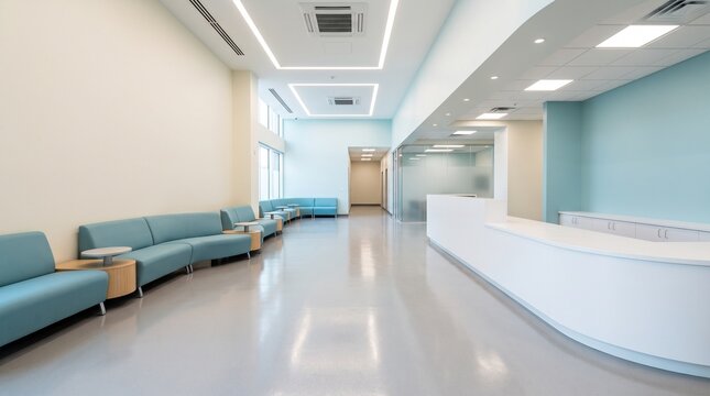 Modern hospital waiting room interior featuring empty reception desk and blue seating in bright clinic