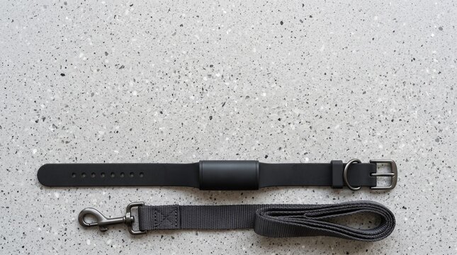 Smart dog collar with GPS tracker and leash on stone background with copy space