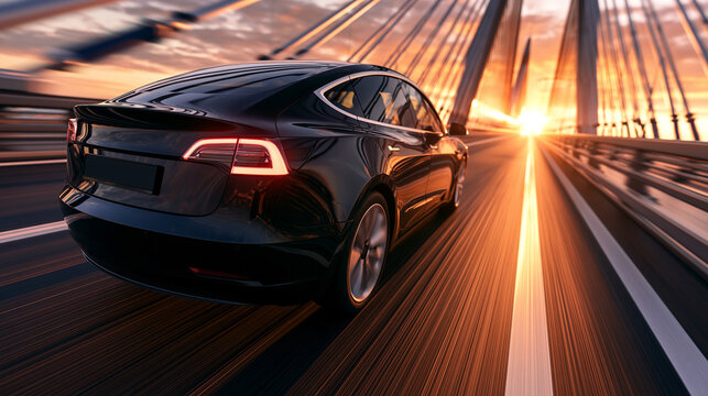 Black Sedan Driving Fast on Highway at Sunset