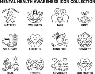 Fototapeta premium Mental health awareness icon collection featuring self care wellness empathy mindfulness and psychological health line art vector