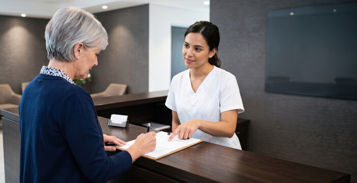 A woman stands at a reception desk talking to a staff member. The staff member is helping with paperwork. The setting is a modern office space with a welcoming atmosphere