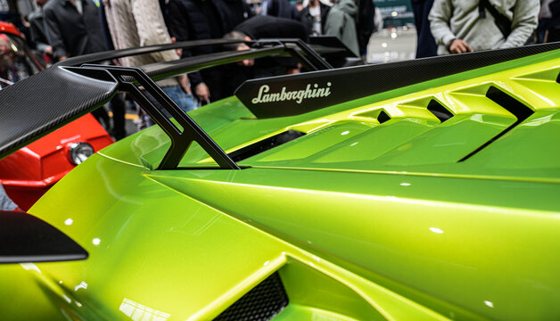 Gothenburg, Sweden - May 30 2026: Close view of green Lamborghini rear wing and engine vents.
