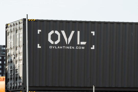 Gothenburg, Sweden - April 18 2021: Modern industrial shipping container with corporate branding outdoors.