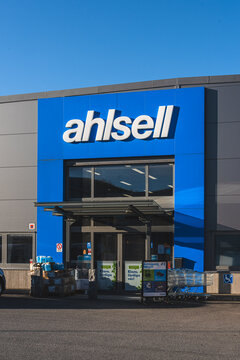 Gothenburg, Sweden - April 22 2022: Ahlsell retail store exterior with modern industrial facade.