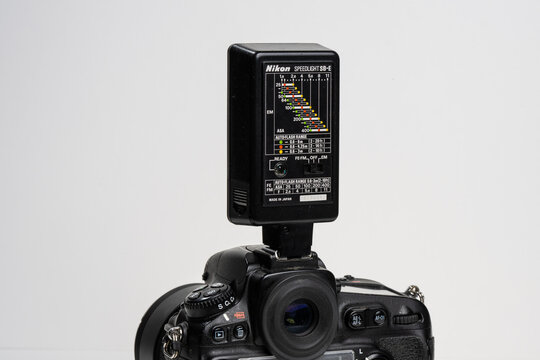 Gothenburg, Sweden - August 25 2024: Rear control panel of Nikon SBE camera flash showing detailed settings.