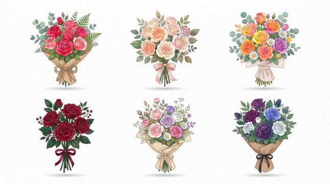 Colorful Vector Roses Collection &ndash; Elegant Blooming Rose Flowers, Bouquets and Floral Design Elements Set