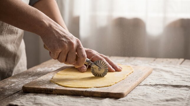 Chef hands using a fluted metal pastry wheel to cut a thin sheet of fresh pasta dough on a board