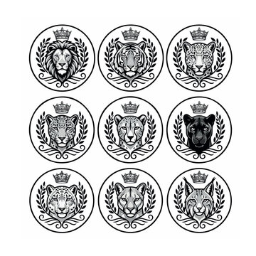 A premium bundle of 6 circular big cat head logos featuring a lion, tiger, leopard, jaguar, cheetah, and panther. Sharp geometric styling, clean vector paths, perfectly organized layers, smooth outlin