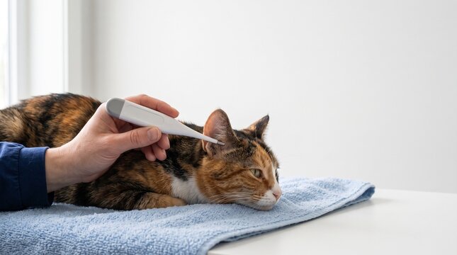 Sick calico cat getting temperature checked with digital ear thermometer at veterinary clinic