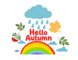 Obraz premium children's rainbow cloud Hello autumn. Hand drawn. Not AI, vector illustration.