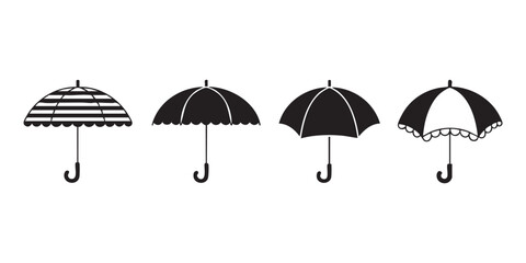 Set of black umbrellas icon. open parasol for sun and rain protection with different design. © Maruf