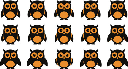 Obraz premium Set of cute owl icons. Vector collection of stylized bird characters for graphic design.Collection of stylized owl icons in orange and black colors. 