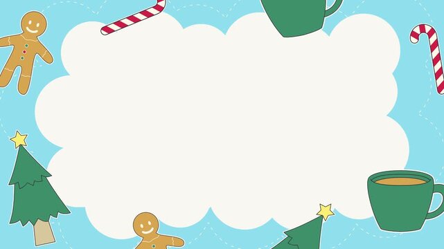 Seamless looping background animation of swaying Christmas elements like trees, candy canes, hot cocoa, and gingerbread man with white center text copy space. Flat style holiday frame concept