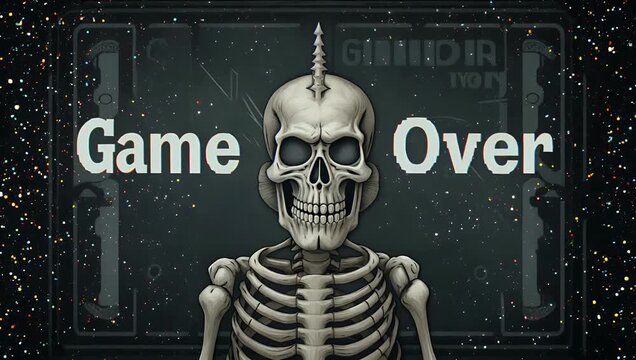 Retro style 4K glitch animation featuring a vintage VHS "Game Over" titles screen with low res pixel skeleton imagery inspired by 1980s and 1990s arcade aesthetics and analog tape distortion