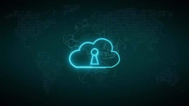 Neon cloud icon with keyhole over a digital world map background abstract blue animation