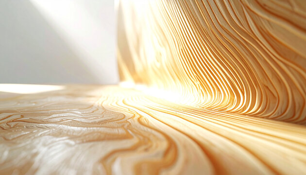 Abstract Wood Texture: A close-up shot of a light-colored wooden surface with a prominent grain pattern, illuminated by soft sunlight creating a warm and inviting ambiance.