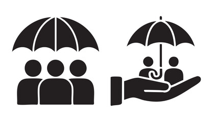 People under protection umbrella and human hand protecting group with parasol vector flat design. © MdAbdul