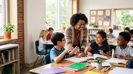 Fototapeta premium A Diverse Classroom Engages in Learning: A smiling teacher interacts with young students as they work on assignments, fostering a positive and collaborative educational environment.