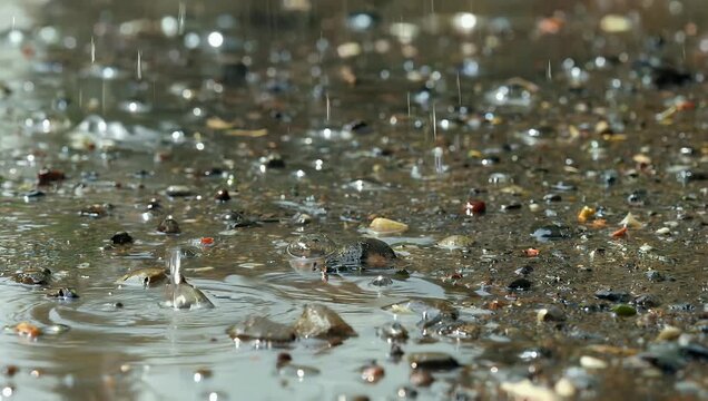 Exceptionally detailed 4K weather capture showcasing heavy rain droplets splashing onto the earth forming small puddles among gravel stones and debris emphasizing natural damp textures and a moody