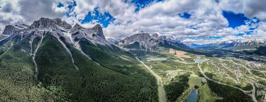 Aerial View, Canmore, Alberta and Surrounding Mountains, Canada 