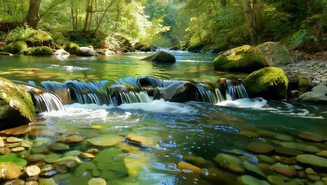 Serene 4K wilderness footage featuring a pristine mountain spring brook babbling gently over weathered stones with sunbeams glistening on the rushing water to deliver a calming therapeutic background
