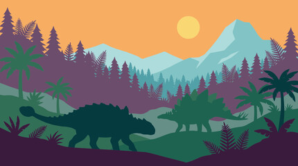 Two dinosaurs roaming prehistoric jungle at sunset. Vector illustration of T-Rex and Triceratops in vibrant tropical landscape with mountains and p... © isay4am