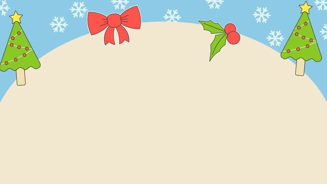 Seamless looping background animation of swaying Christmas elements like trees, holly berries, and red ribbon on light blue with soft cream semi circle text copy space. Flat style concept design