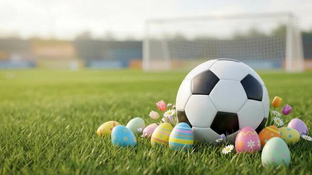 Soccer ball surrounded by colorful easter eggs and tulips on green grass field near goalpost. Easter spring sports celebration and holiday fun concept for seasonal activities