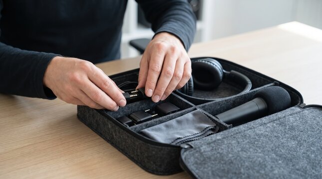 Hands organizing small black electronic adapters into a custom grey felt carrying case alongside headphones and a microphone