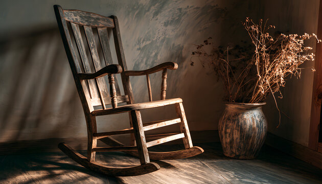 The old wooden rocking chair sits in a dimly lit room. Antique furniture with a weathered texture is next to dry plants. Cozy and rustic decor evokes past times, offering comfort. Perfect for a vintag