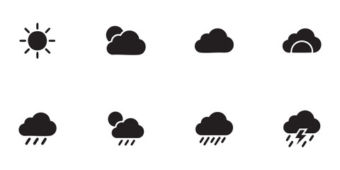 Obraz premium Minimalist weather icon set featuring solid black shapes representing diverse climate conditions.