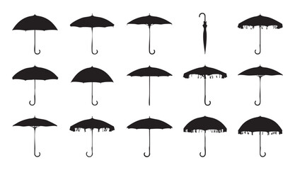 Collection of black umbrella silhouettes with various shapes vintage styles and folded parasol sign. © MD