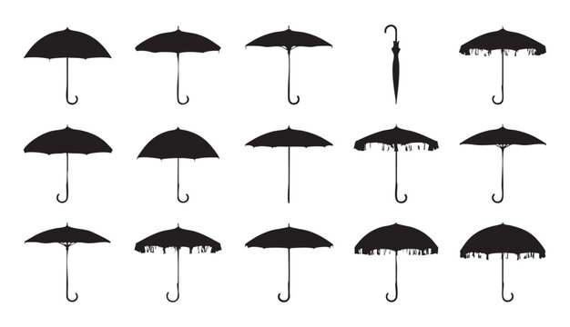 Collection of black umbrella silhouettes with various shapes vintage styles and folded parasol sign.