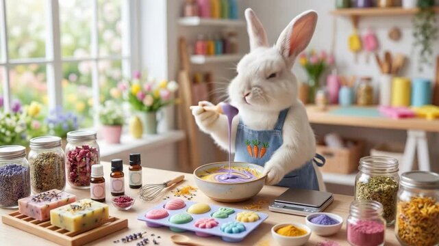Adorable white bunny mixing colorful ingredients in vibrant kitchen workshop. Fun diy soap crafting with flowers herbs and molds. Handmade beauty products concept for creative play