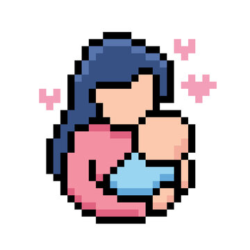 Pixel art illustration of a mother holding her baby with pink hearts of love 