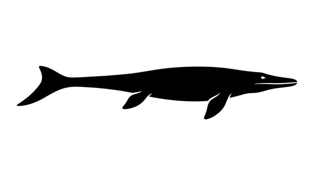 Black silhouette of a prehistoric mosasaurus swimming.