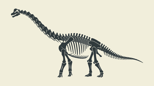 Dinosaur skeleton walking on two legs. Prehistoric theropod fossil outline in side view for science education.