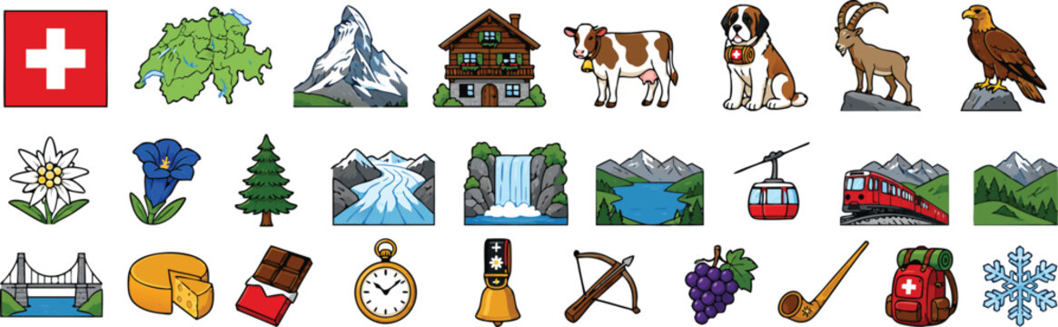 Swiss Icons Collection with Mountains and Flag in Flat Design Style
