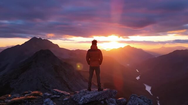 Cinematic wide shot of a lone hiker standing still on a dramatic mountain peak, gazing at a vibrant purple and orange sunset to evoke themes of success, exploration, freedom, and majestic nature.