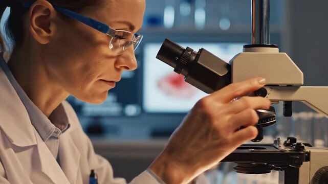 An experienced scientist meticulously adjusts the metallic focusing dials of a professional microscope under warm tungsten lighting, showcasing tactile mechanical precision in medical research.