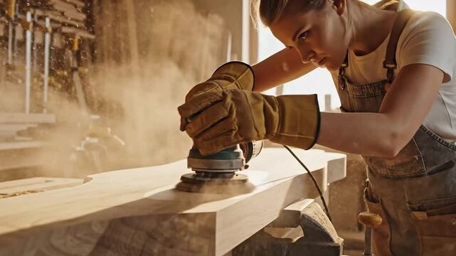 Tracking of skilled carpenter wearing protective gloves sanding piece of raw wood in dusty workshop flying sawdust authentic craftsmanship warm natural lighting